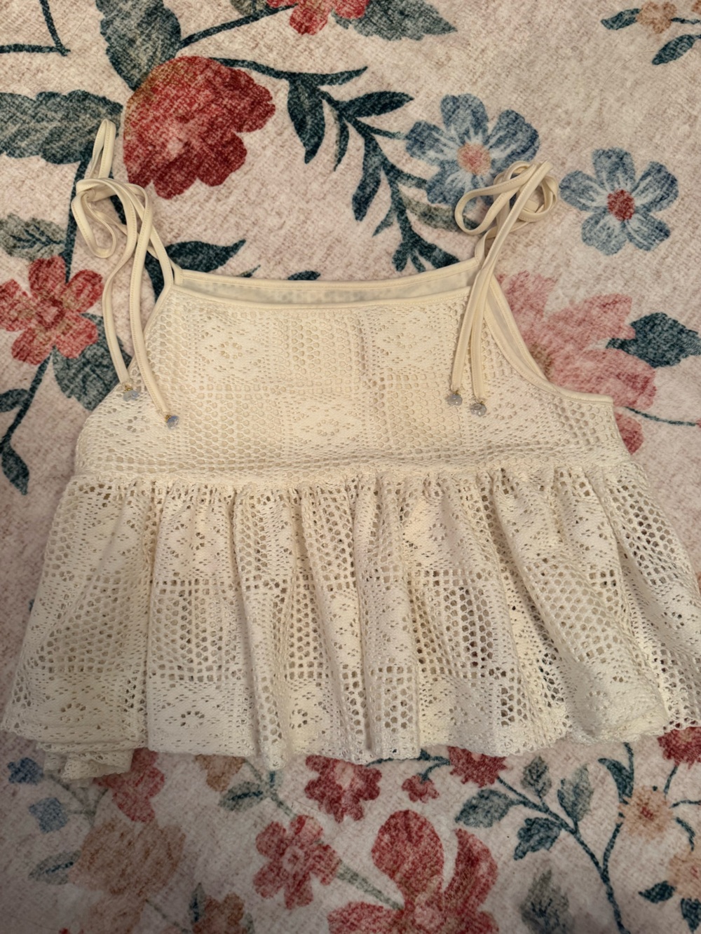 Altar'd State Cream Crochet Tie-Shoulder Peplum Top